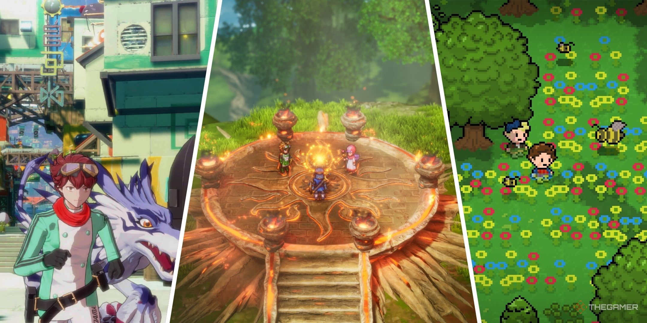 Split images of Digimon Story Time Stranger, Dragon Quest 1 & 2 HD-2D Remake, and Cairn Mathair's Curse.
