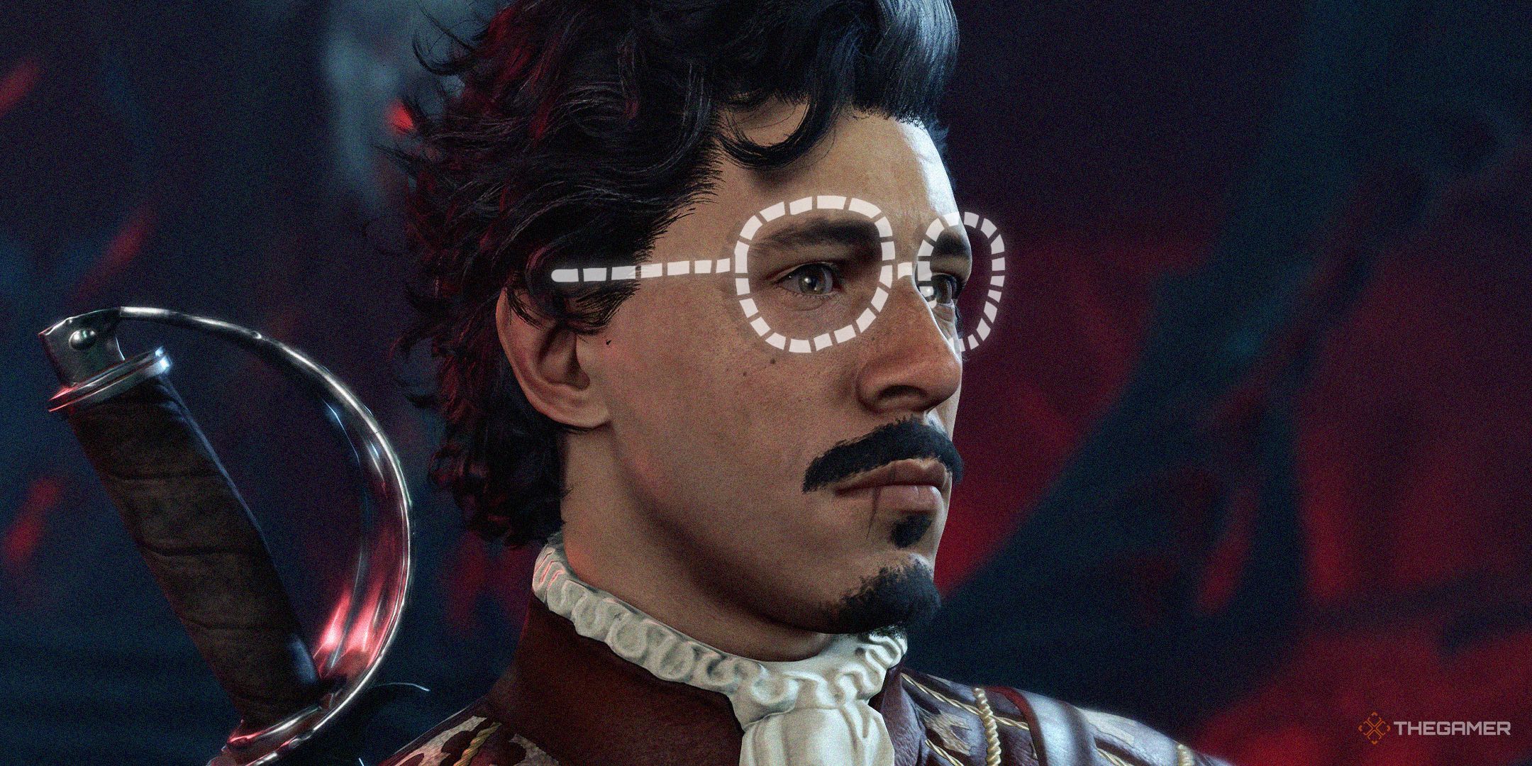TG Baldur's Gate 3 Character with a drawing of Glasses on his face.