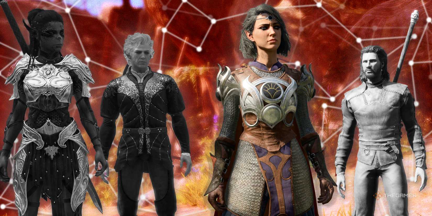 TG BALDUR's Gate 3 Party member is black and white with a red background.