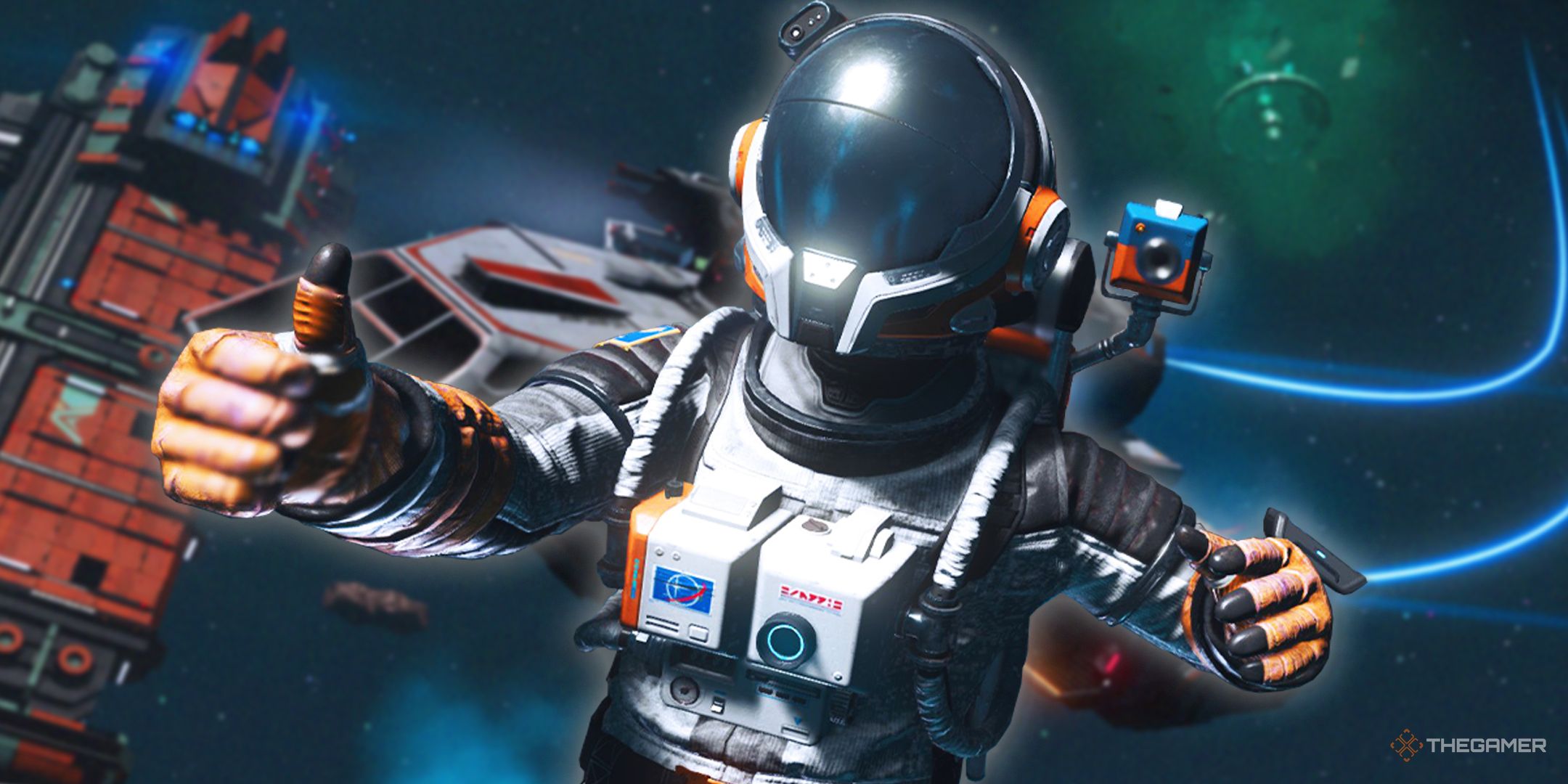 TG No Man's Sky Voyagers Update Astronaut Close Up In New Skyborn Suit Giving Thumbs Up In Space By New Corvette Ship.