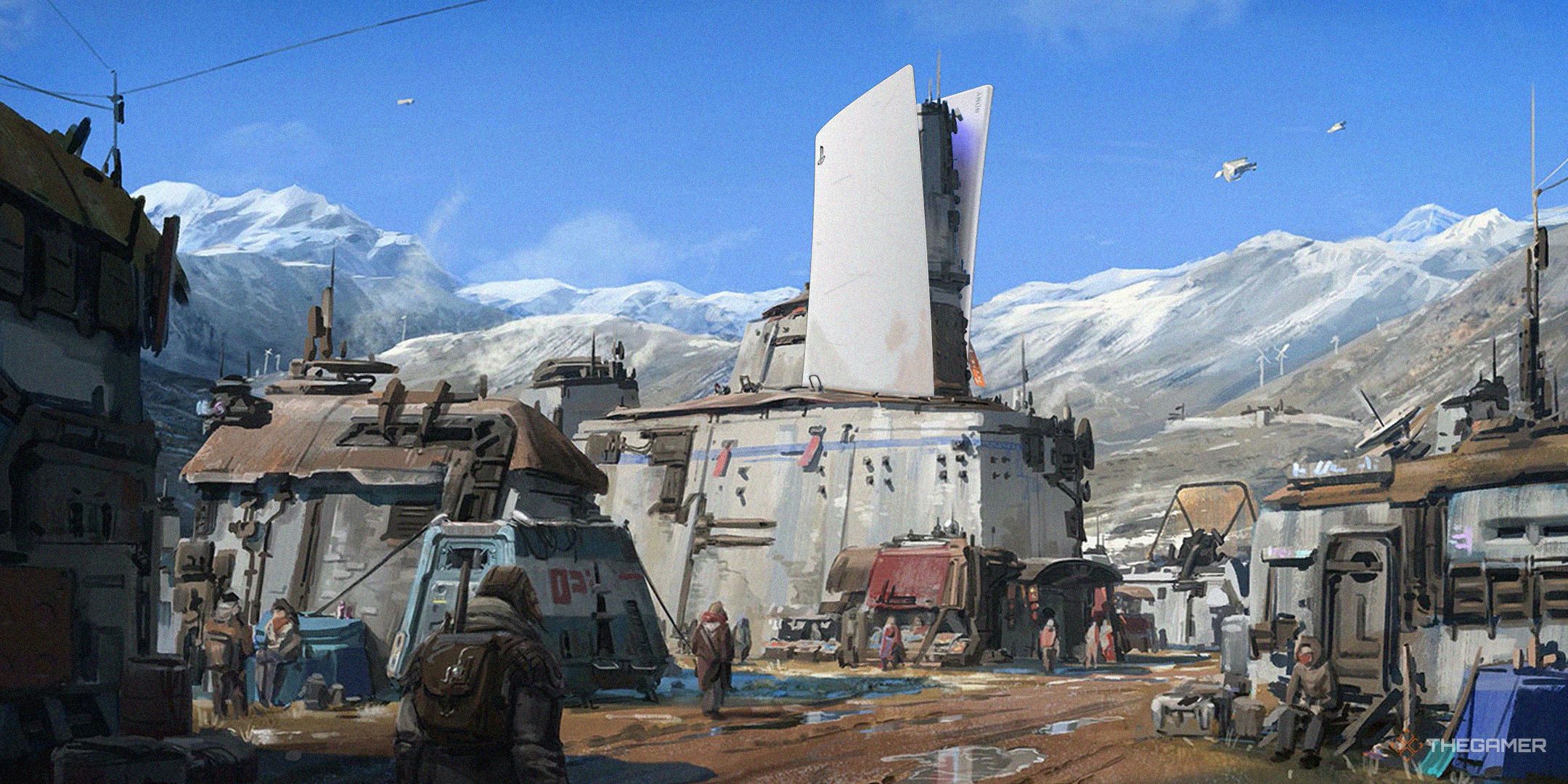 TG Starfield concept art of Akila city with the tower as a PS5.