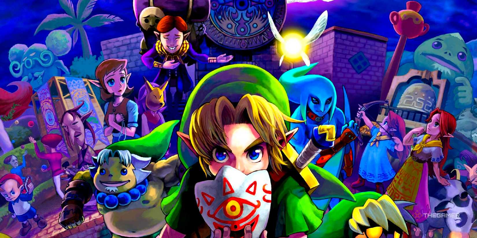 The main box art for The Legend of Zelda: Majora's Mask 3D featuring Link and a bunch of characters.