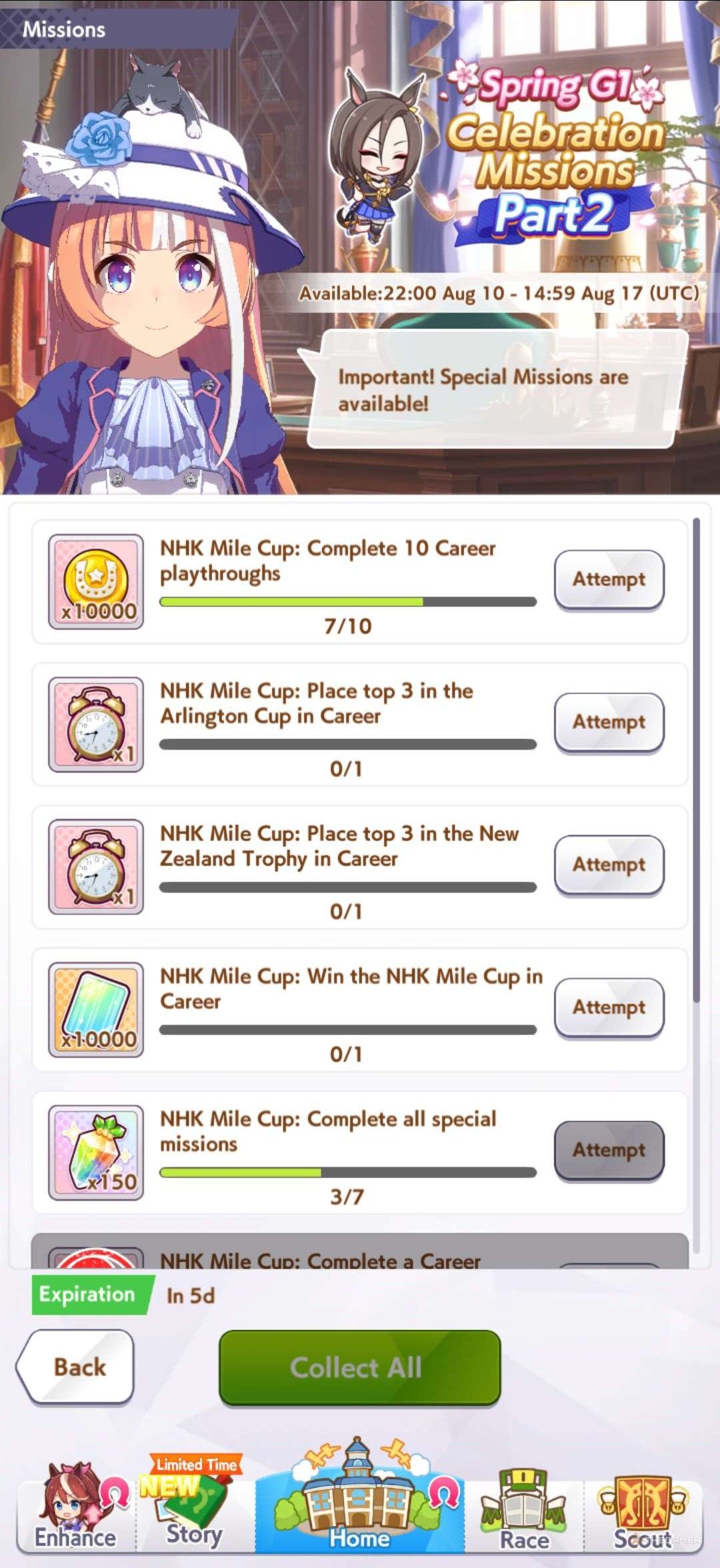 Mission NHK Mile Cup are displayed in Umamusume Pretty Derby.