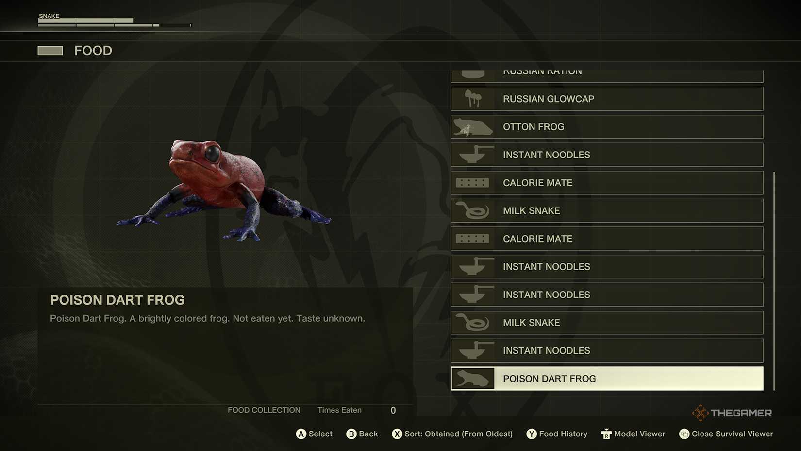 The Poison Dart Frog in the food menu in Metal Gear Solid Delta: Snake Eater.
