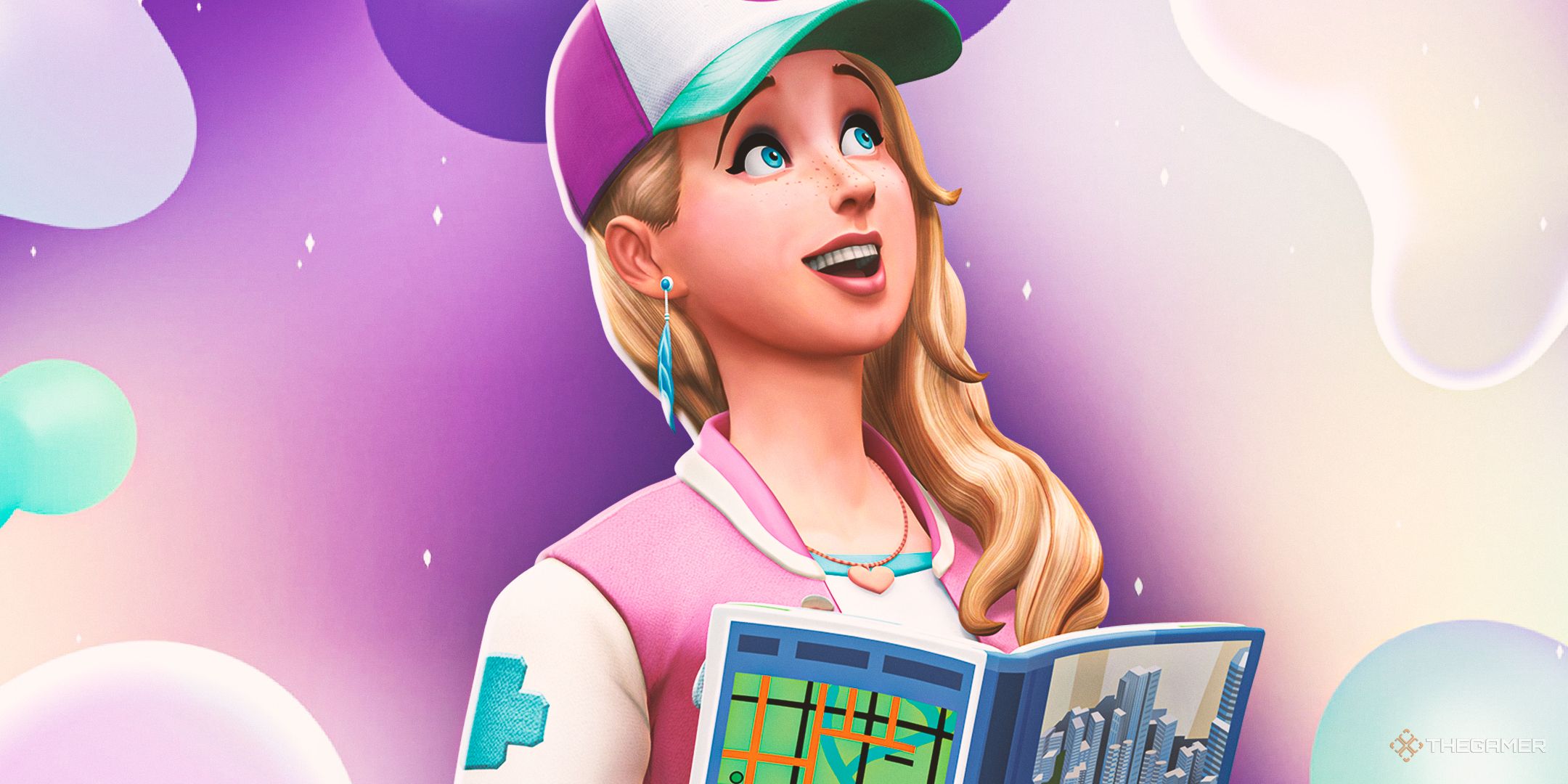 A blonde sim is holding a book and smiling up at the sky.