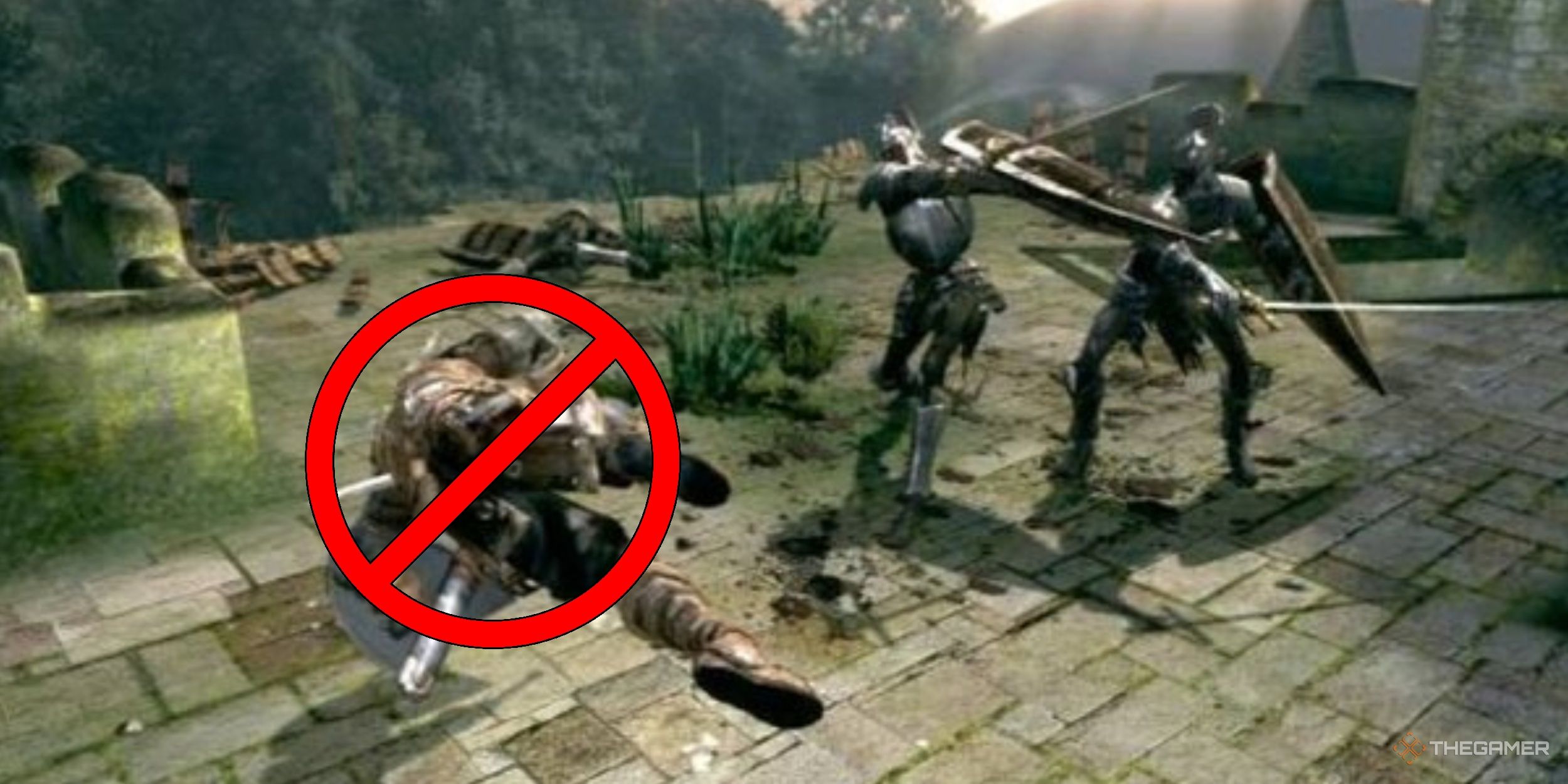 The Chosen Undead rolling to evade incoming attacks from Hollows with a big 'cancel' sign over them in Dark Souls.