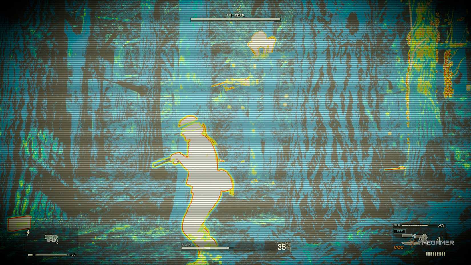 Wearing thermal goggles during the fight with The Fear in Metal Gear Solid Delta Snake Eater.