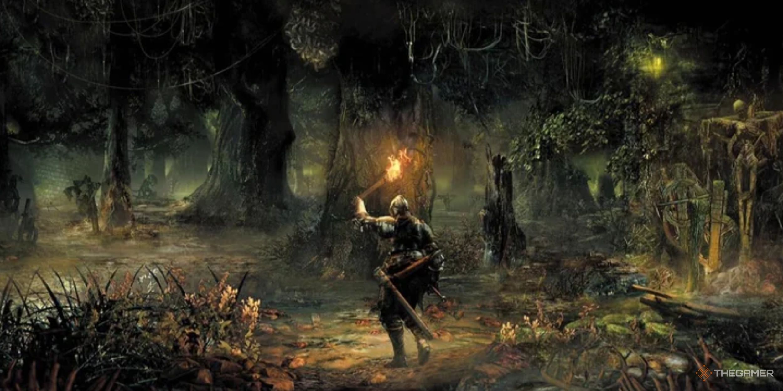 Concept art of the Ashen One trudging through the swamps of Farron Keep in Dark Souls 3.