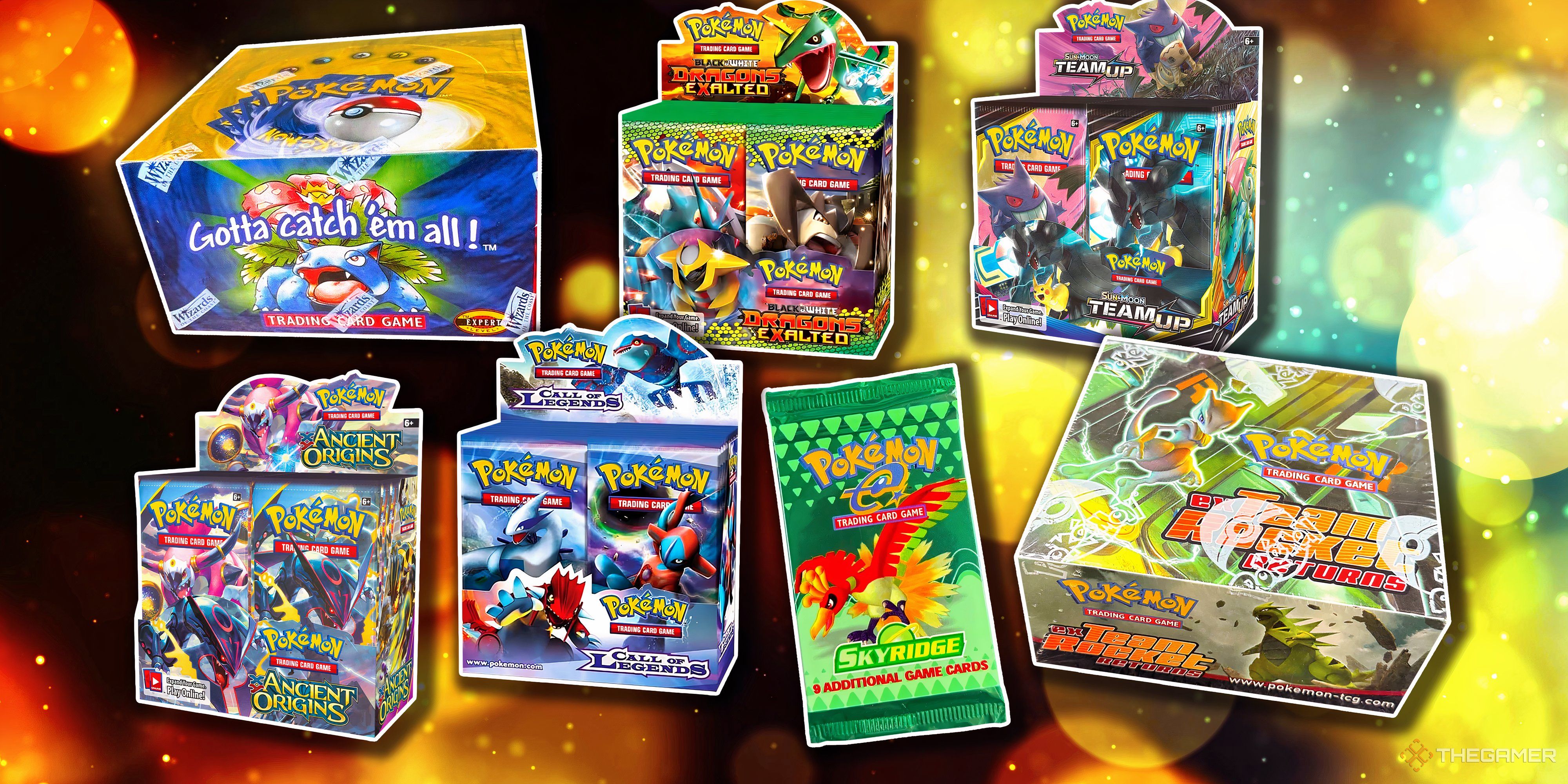 A collage of boxes from Every Pokemon TCG Generation: Base Set, Dragons Exalted, Team Up, Ancient Origins, Call of Legends, Skyridge, and Team Rocket Returns.