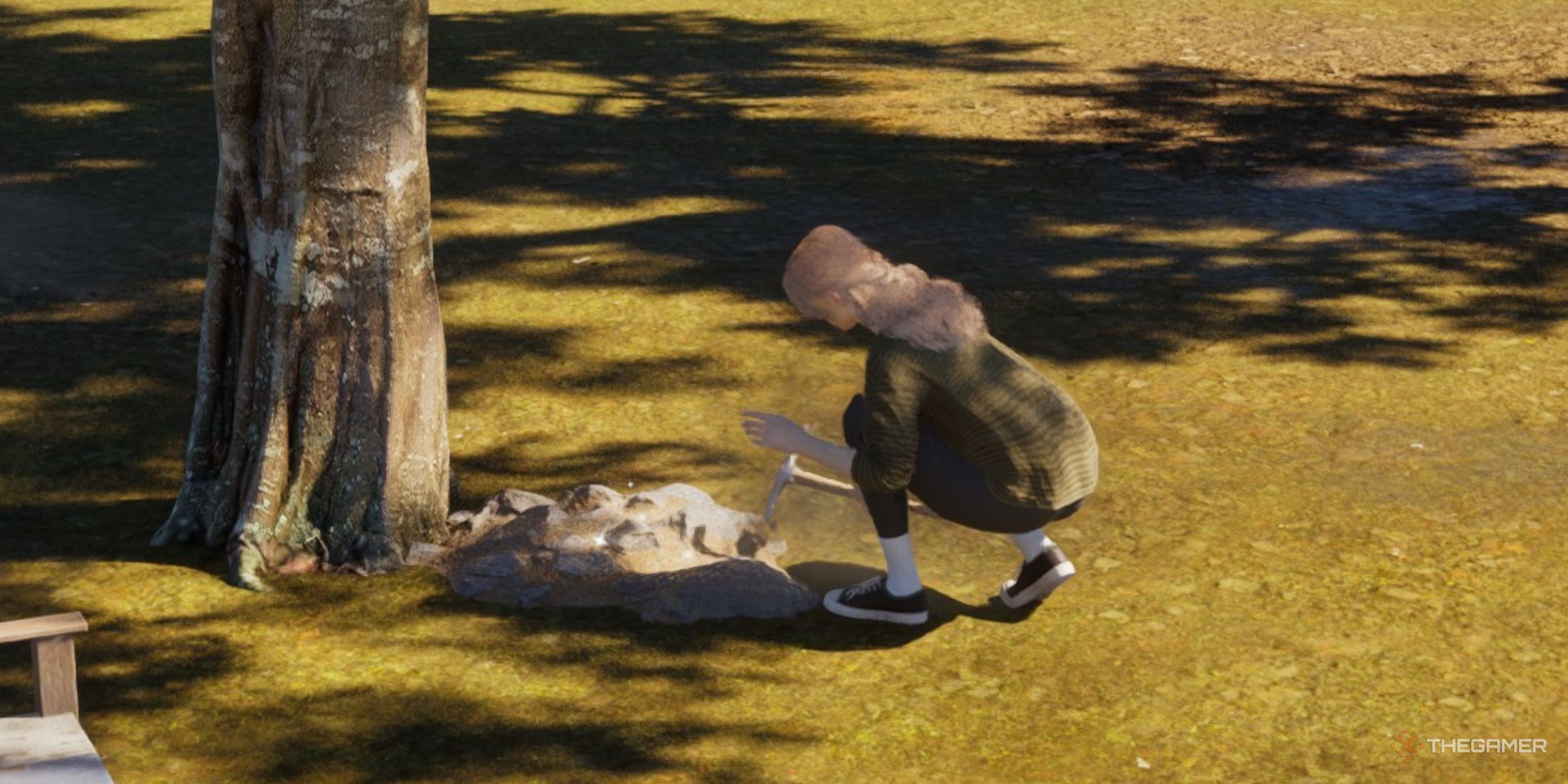 Zoi mining for gems at the park in InZoi. 