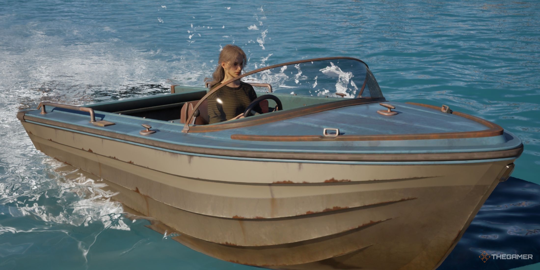 Zoi driving a boat in the ocean in InZoi.