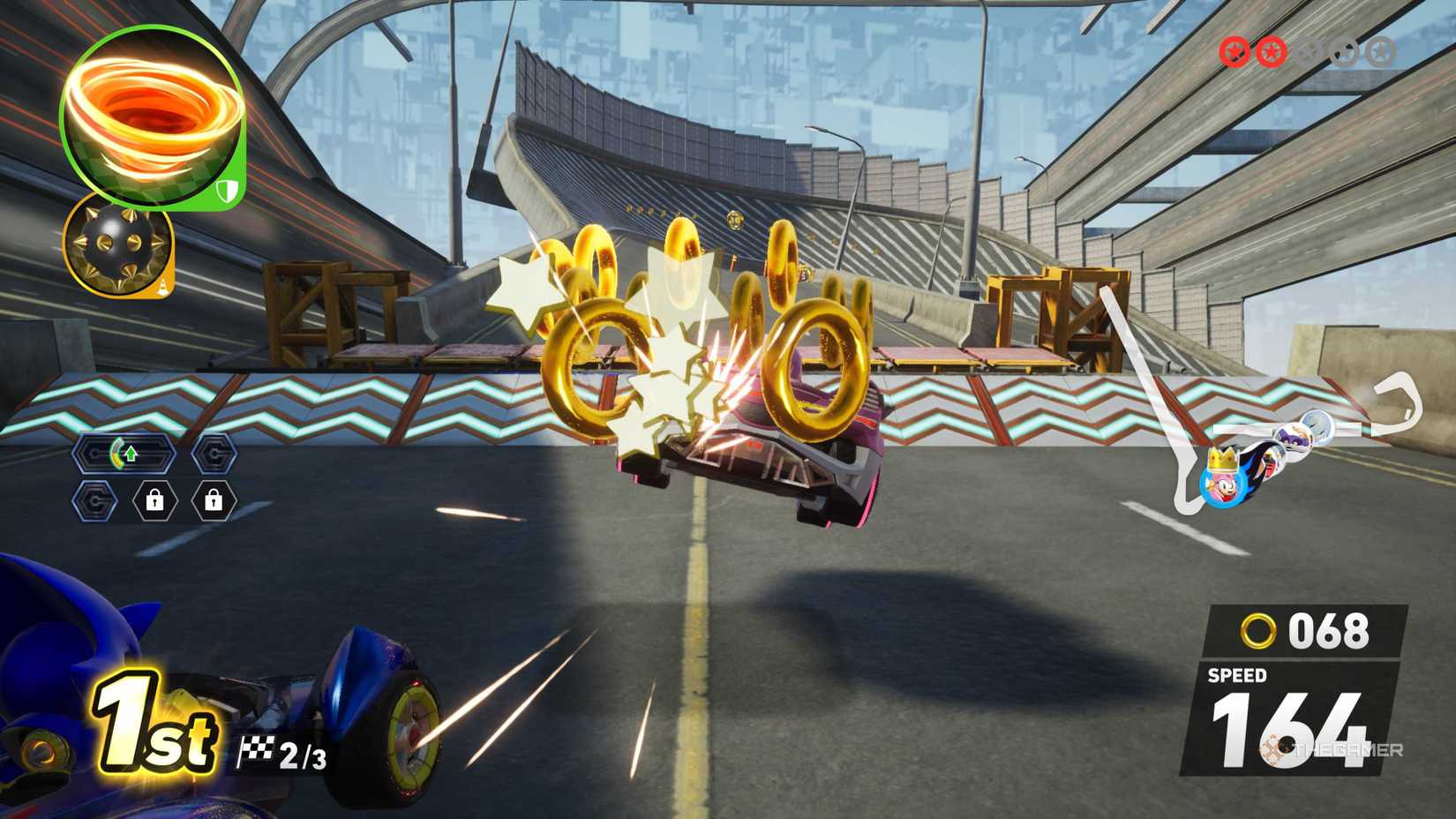 To be attacked and loses rings in Sonic Racing: Crossworlds.