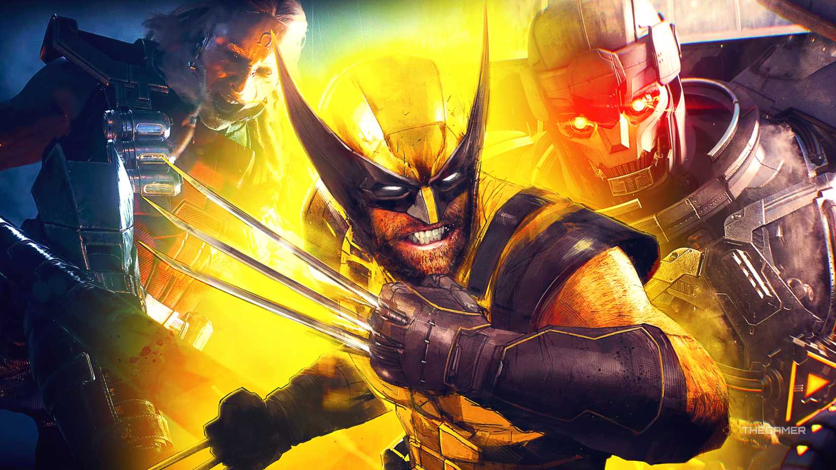 Marvel's Wolverine, surrounded by enemies, prepares to fight with his claws out.