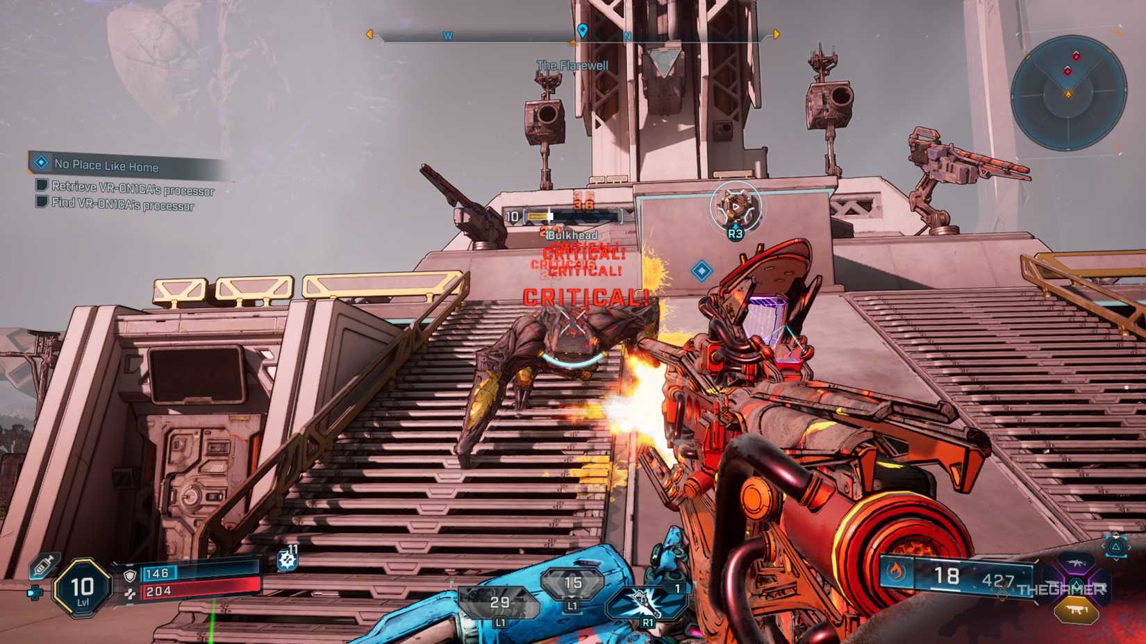 Amon shoots at a shooting enemy with a SMG while it goes down a staircase at the Farewell base in Borderland's 4.