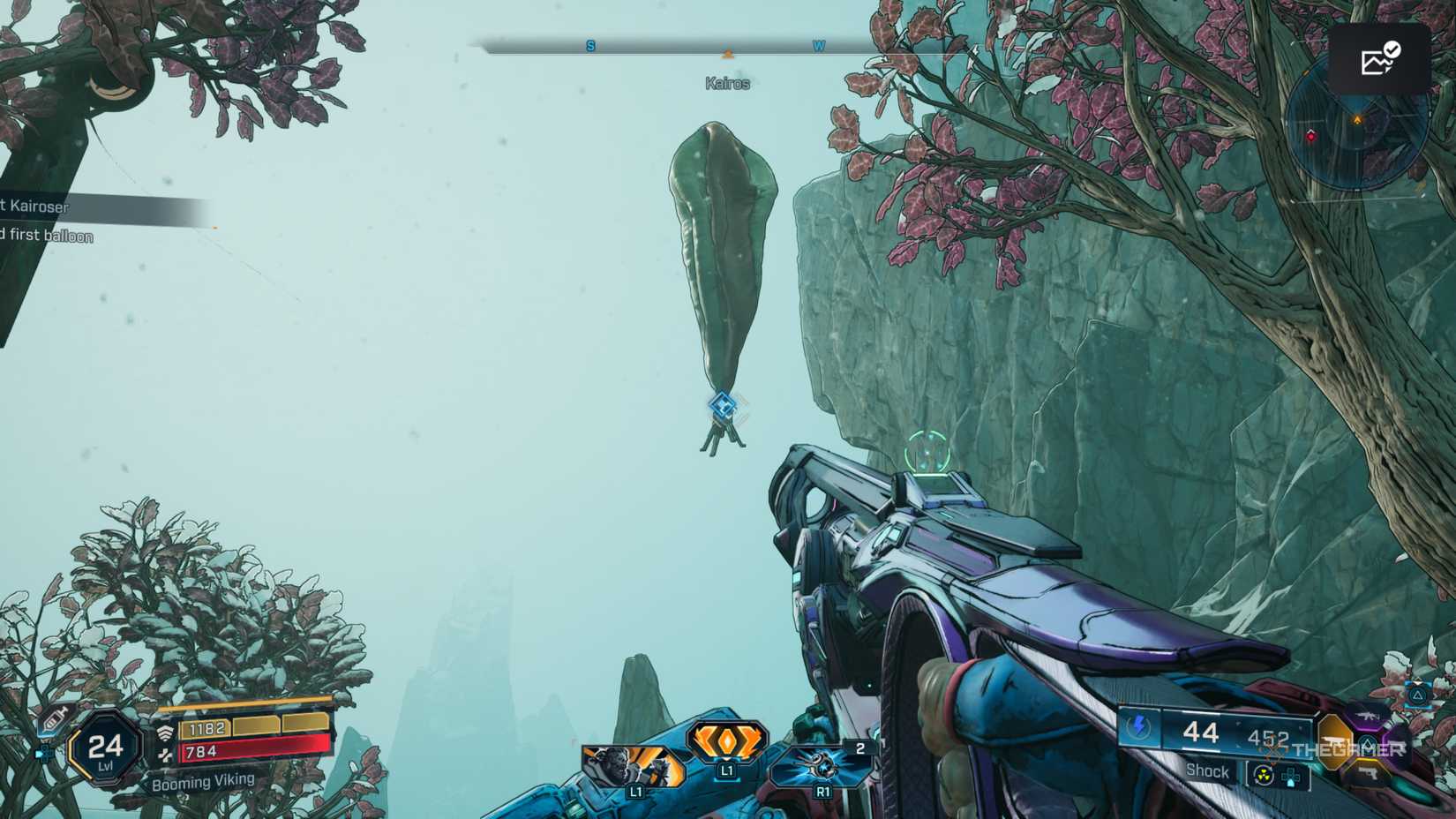 Amon looking up at the first downed Survey Balloon in the air in Borderlands 4.