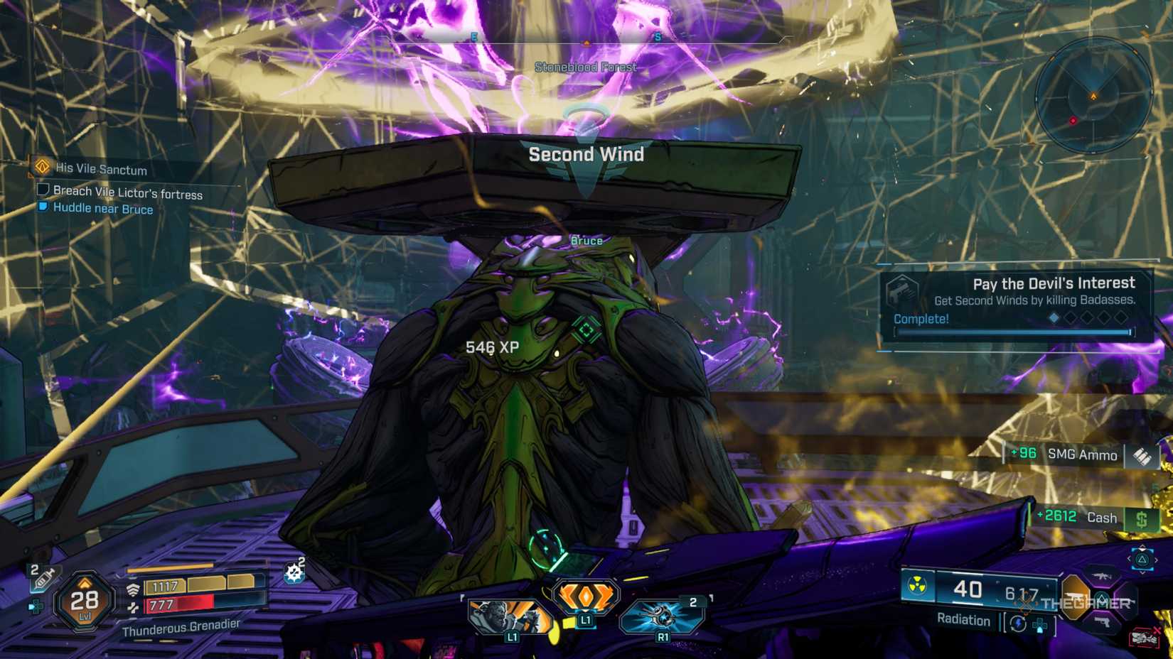 Amon taking refuge in Bruce's barrier as a machine overloads in the background in Borderlands 4/