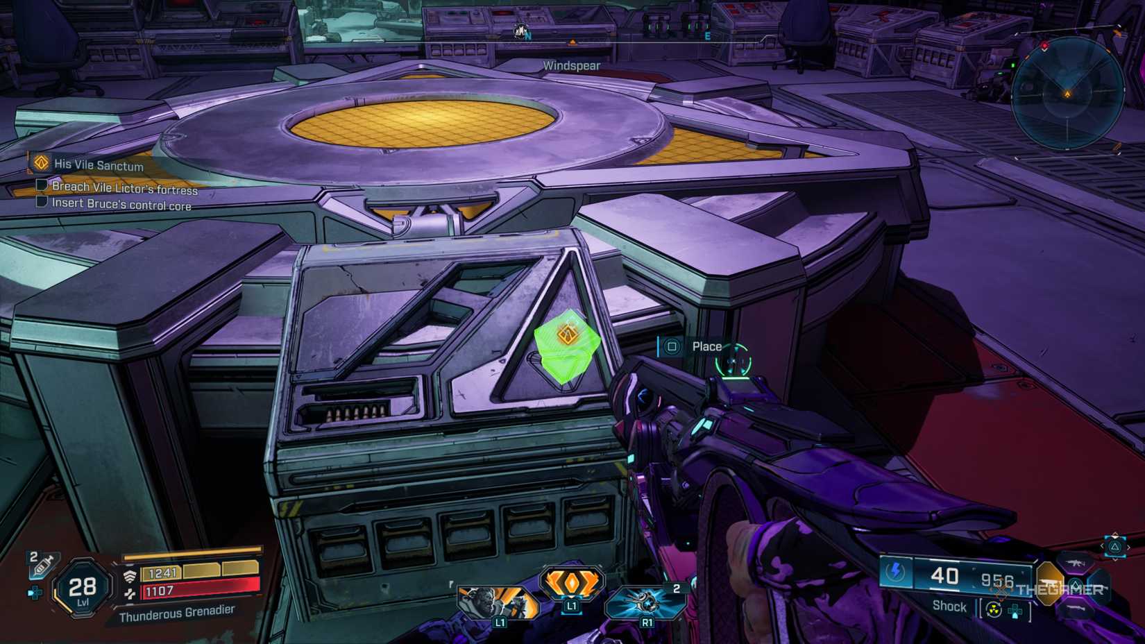 Amon looking down at a console which has a highlighted spot for Bruce's Core in Borderlands 4.