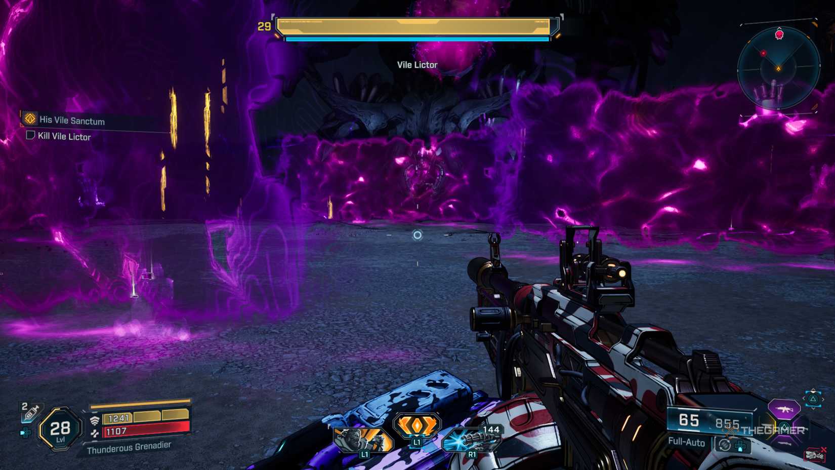 Amon weaving between multiple purple walls spawned by Vile Lector during their fight in Borderlands 4.