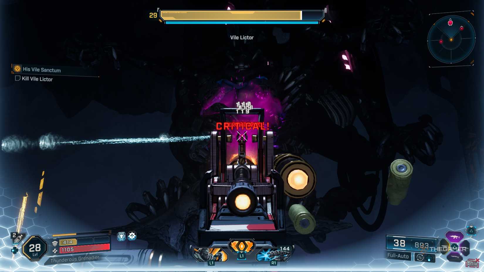 Amon aiming and firing at Vile Lector's exposed core and getting critical hits in Borderlands 4.