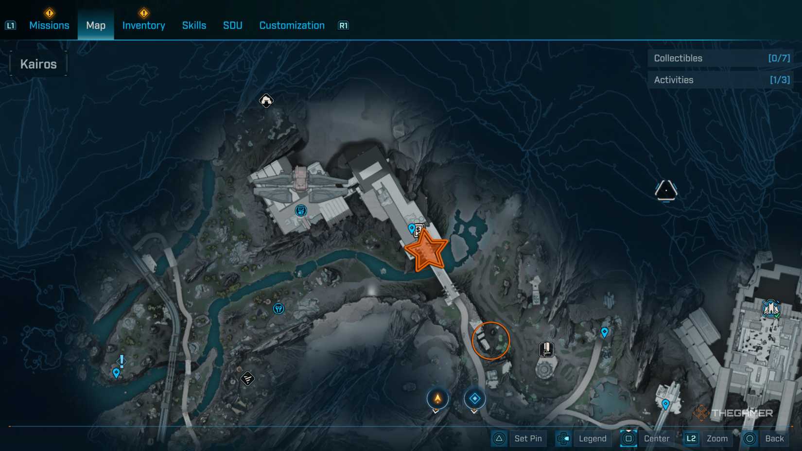 Close up of the northern end of the Terminus Range with an orange star edited on to the Substation Canonary and an orange circle edited onto the grapple location in Borderlands 4.