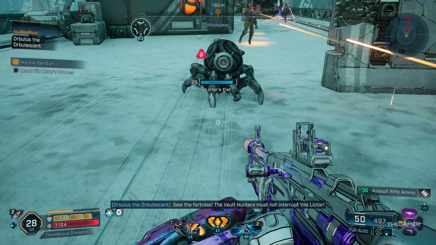 Amon looking down at a small Eridium Mining Drone enemy called a Lector's Fist in Borderlands 4.