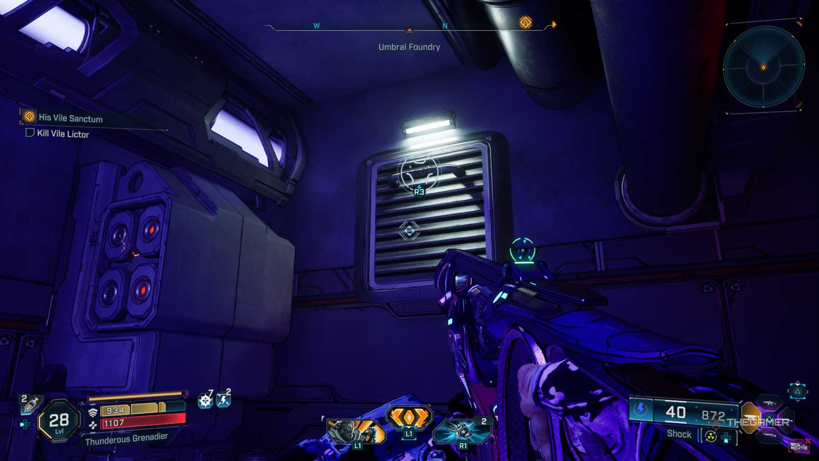 Amon looking up at a closed vent with a grapple interaction on it in Vile Lector's fortress in Borderlands 4.