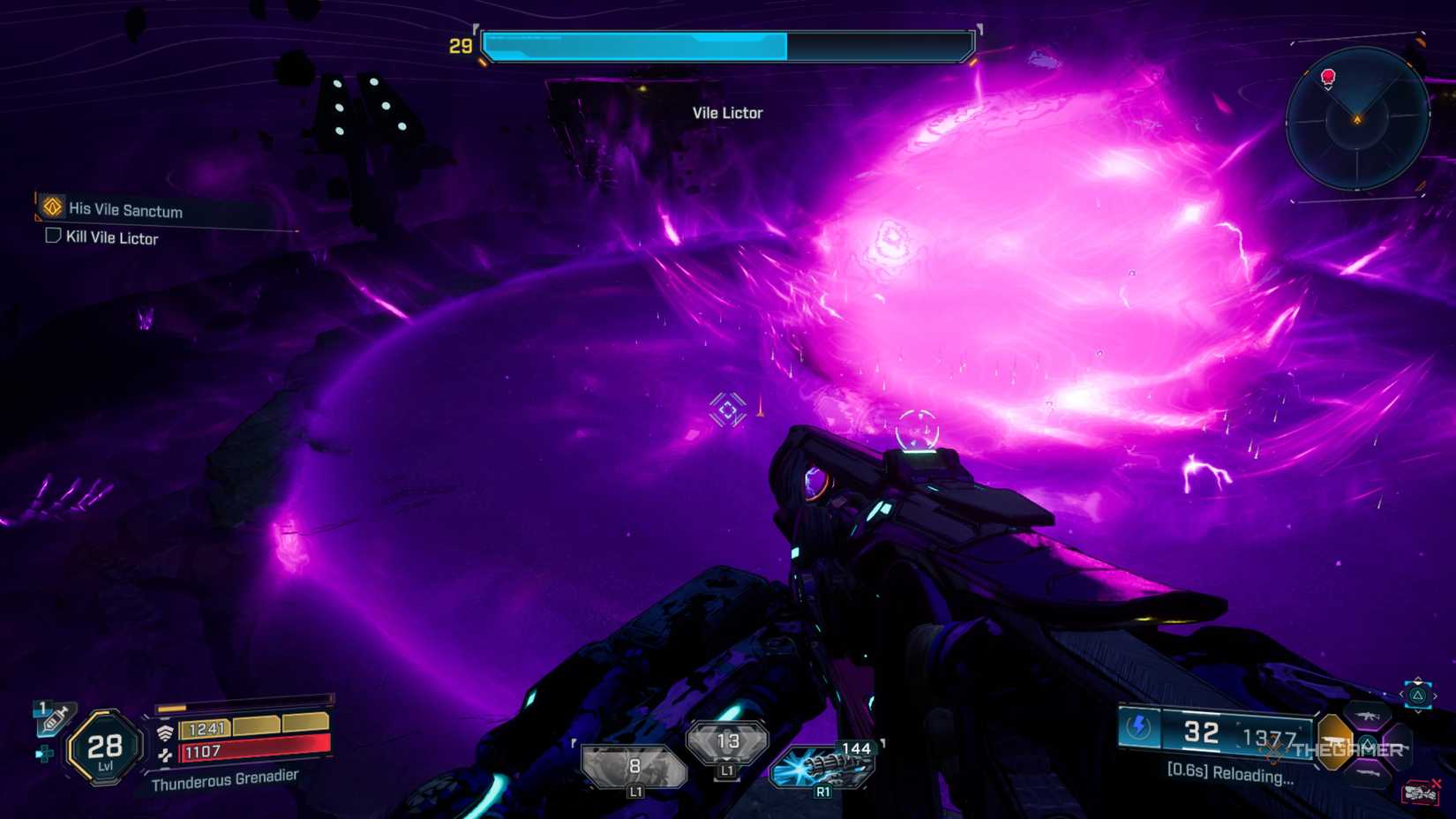 Amon waiting on a platform above Vile Lector's arena to avoid a massive purple explosion in Borderlands 4.