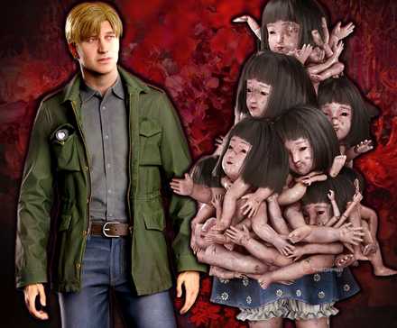 James from Silent Hill 2 next to a weird monster from Silent Hill f with a red background.