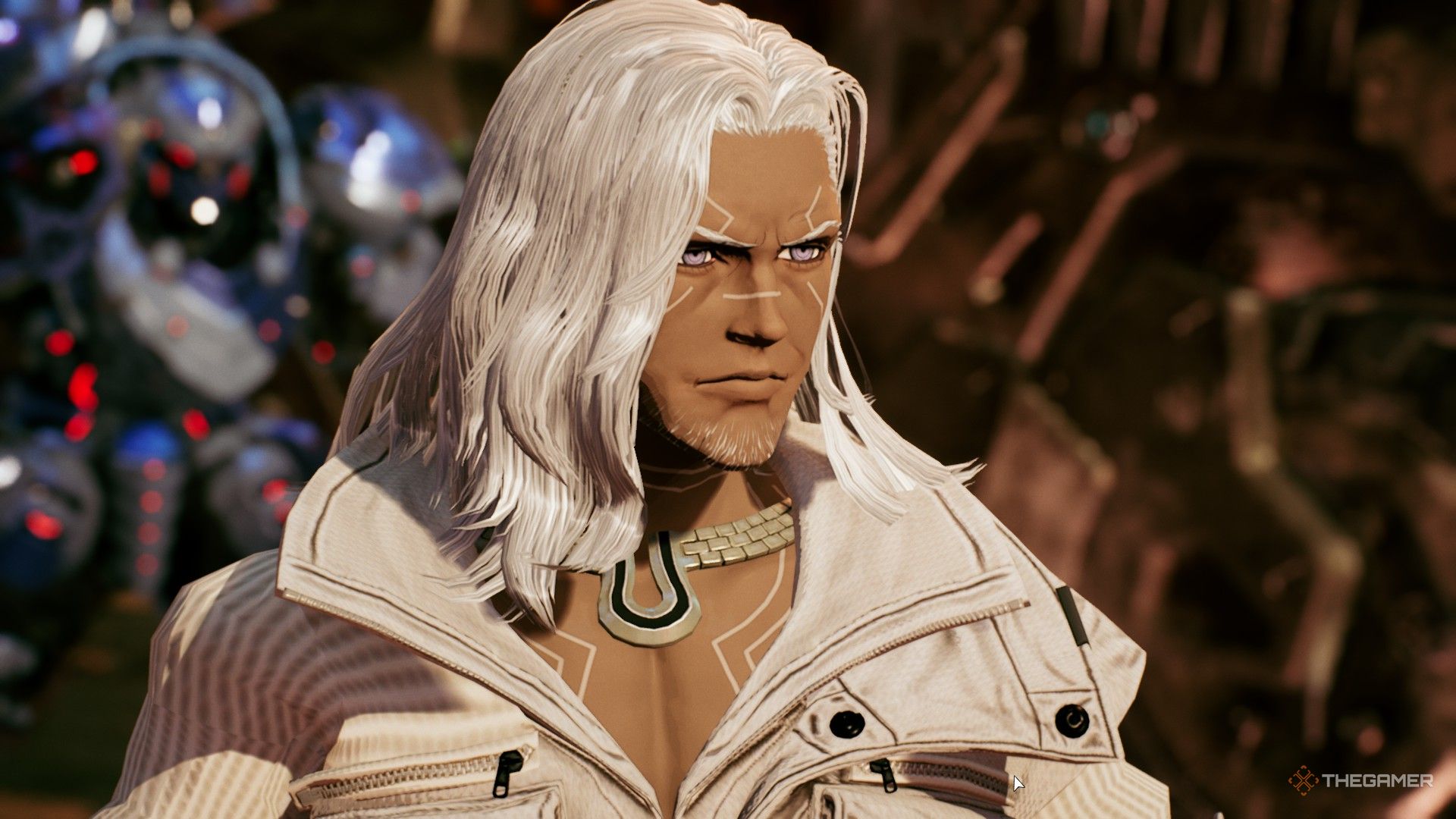 a closeup of raven, the leader of the reclaimers, in daemon x machina: titanic scion.