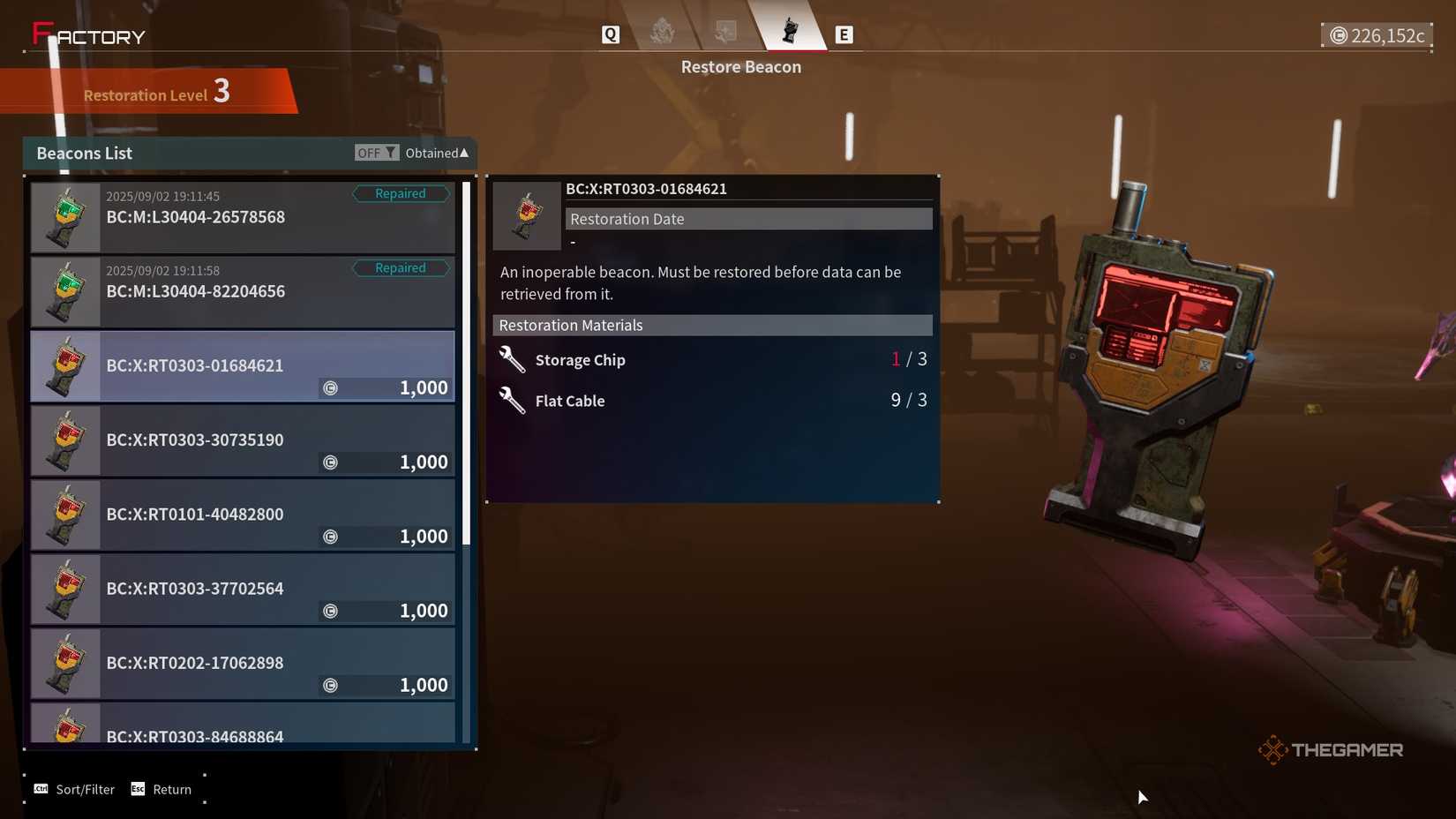 a list of broken beacons available for repair in daemon x machina: titanic scion.