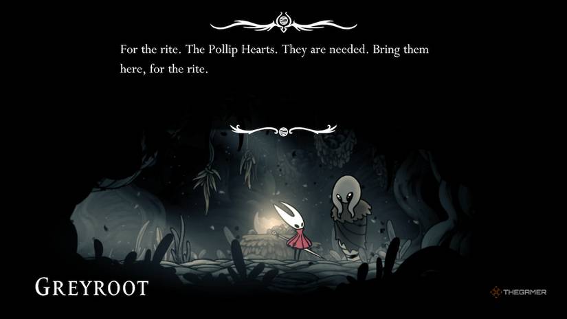 Greyroot gives the hornet ritual for the pollip assignment in Hollow Knight: Silksong.