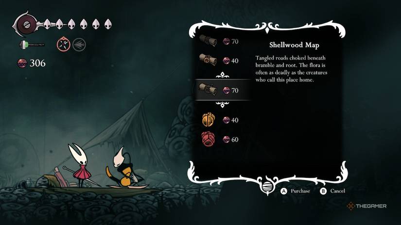 Hornet buys the Shellwood map from Shakra in Greymoor in Hollow Knight: Silksong.