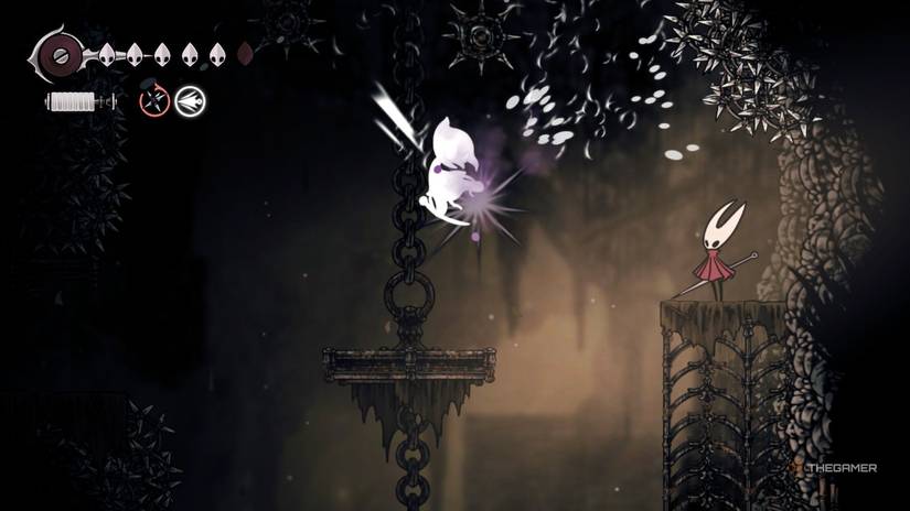 The horn throws a poison trap at a flying enemy in hollow knights: Silksong.