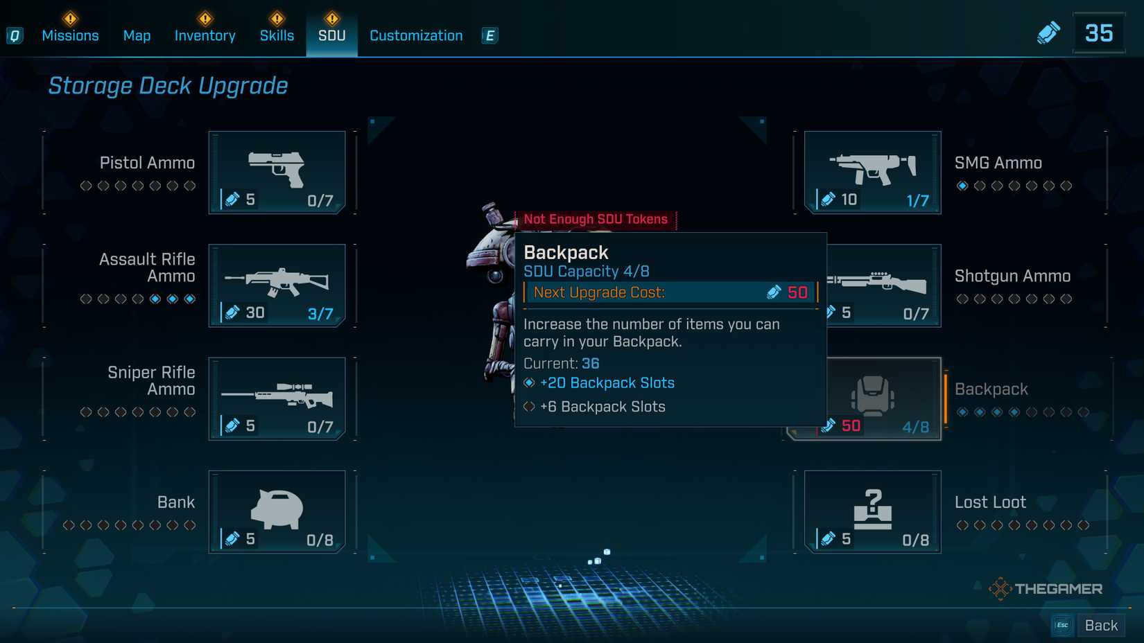 Borderlands 4 SDU menu showing the backpack capacity at 4/8. 