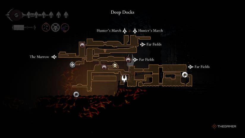 Hornet looks at her map besides a bucket of Flintstone outside Signis and Gron's boss room in Hollow Knight: Silksong.