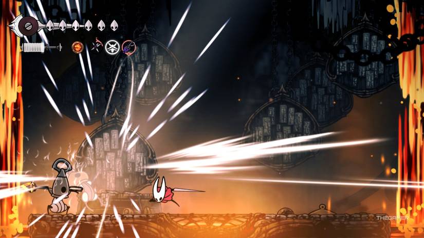 Hornet dashes forward to defeat Signis during her fight with the Forebrothers in Hollow Knight: Silksong.