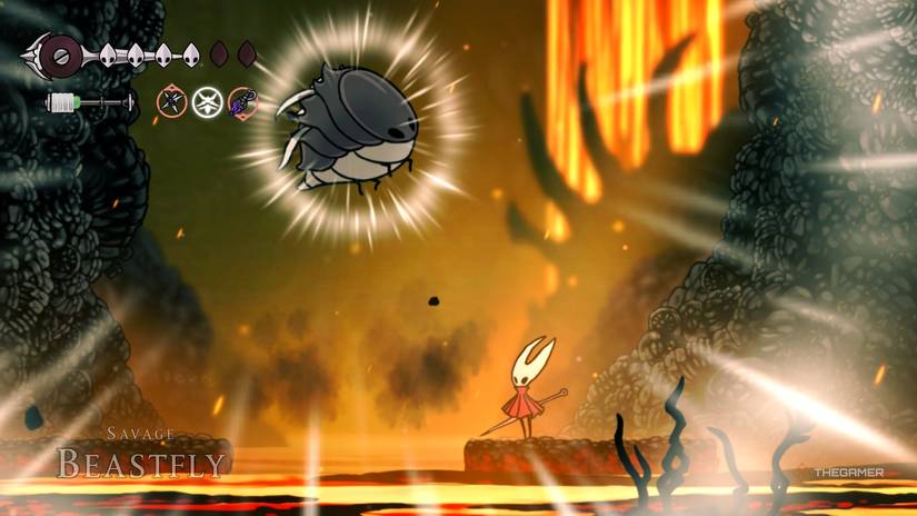 Savage Beastfly roars and looms over the Far Fields arena and Hornet in Hollow Knight: Silksong.