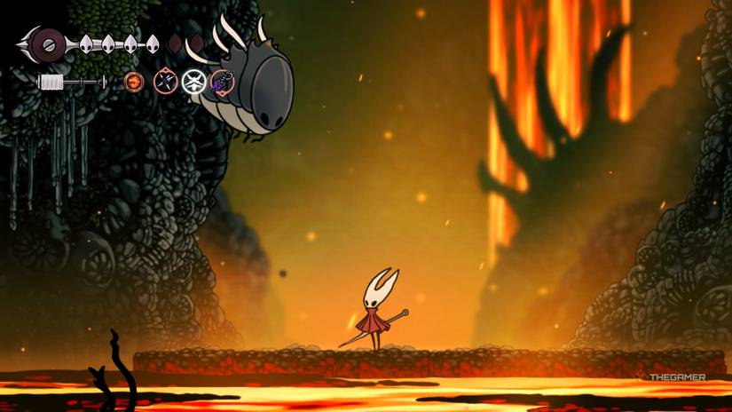Hornet stands in the arena passively with Savage Beastly at Far Fields in Hollow Knight: Silksong.
