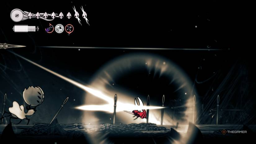 First Sinner throws a needle at Hornet and strikes her in Hollow Knight: Silksong.