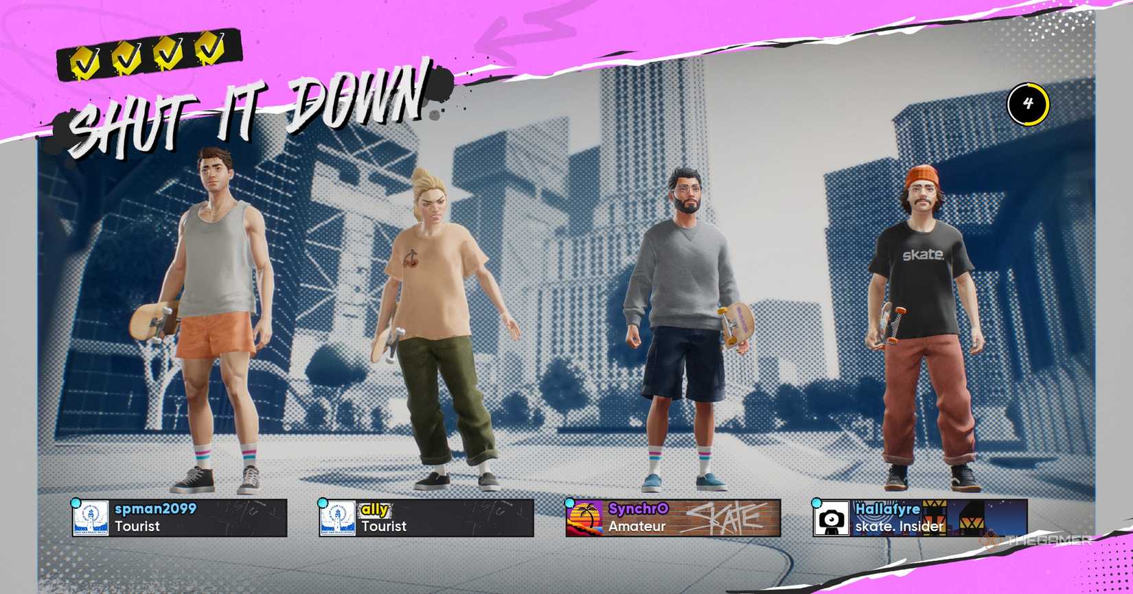 The character of Skate 4 at the end of the mission with friends.