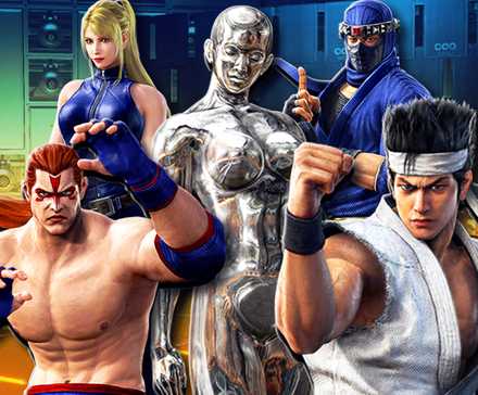 Five characters of Virtua Fighter 5 R.E.V.O. posing together.