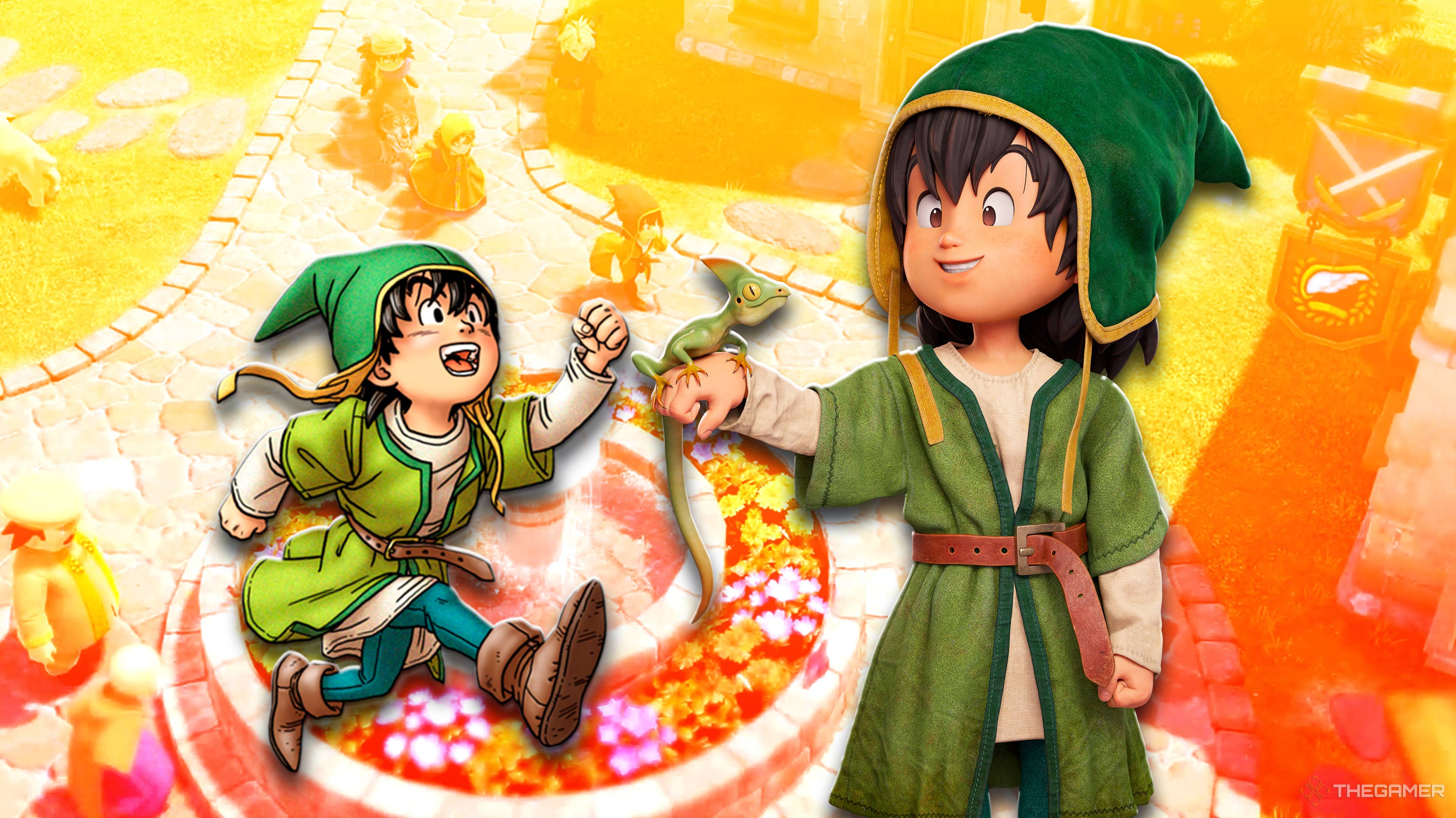 A collage of images from the various versions of Dragon Quest 7, including key art of the Hero from the 3DS version and Reimagined.