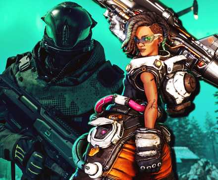 Split image shows a helmeted character from Call of Duty next to Harlowe from Borderlands 4.