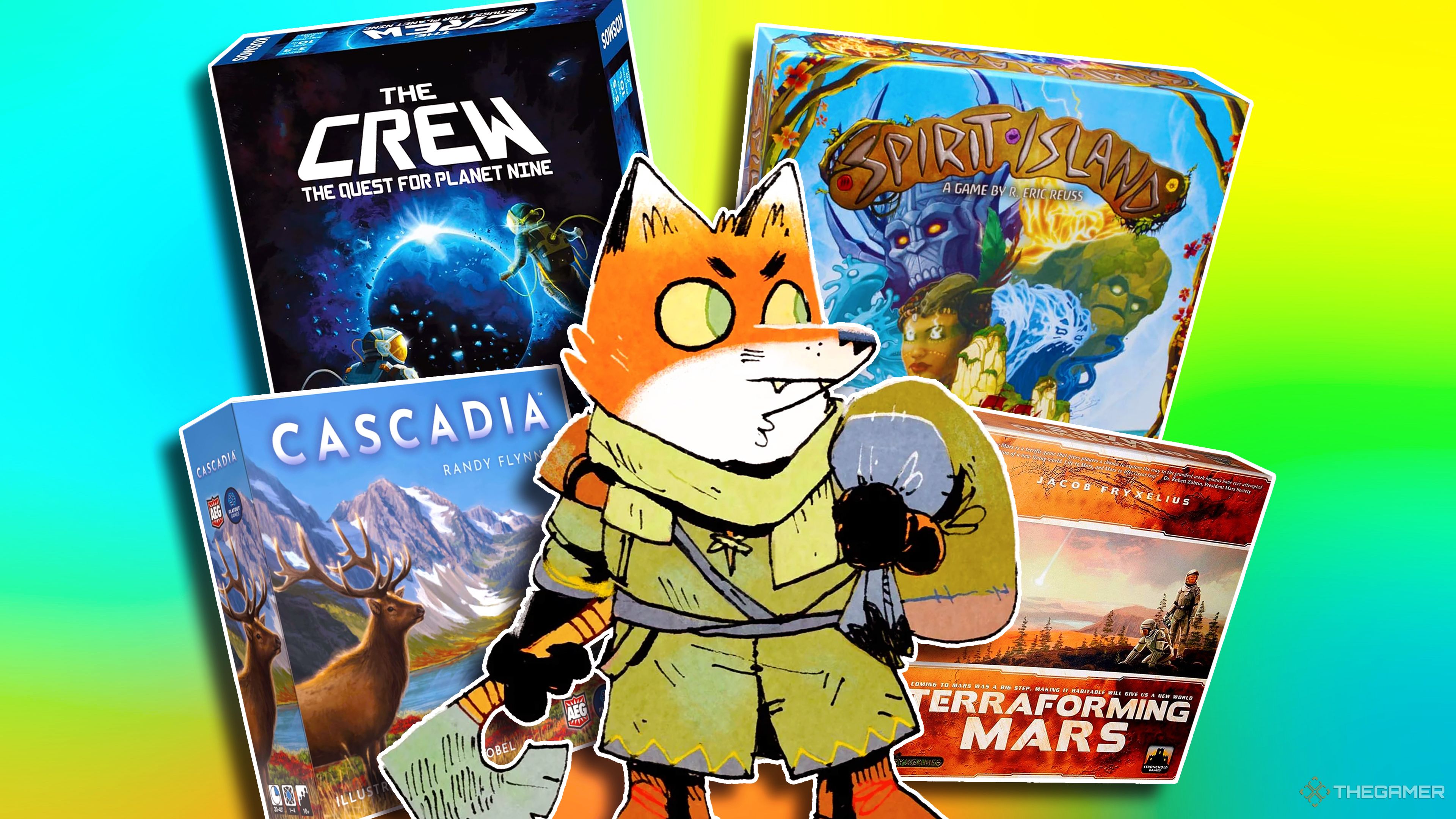 The Crew The Quest For Planet Nine, Cascadia, Spirit Island, Terraforming Mars and Root.