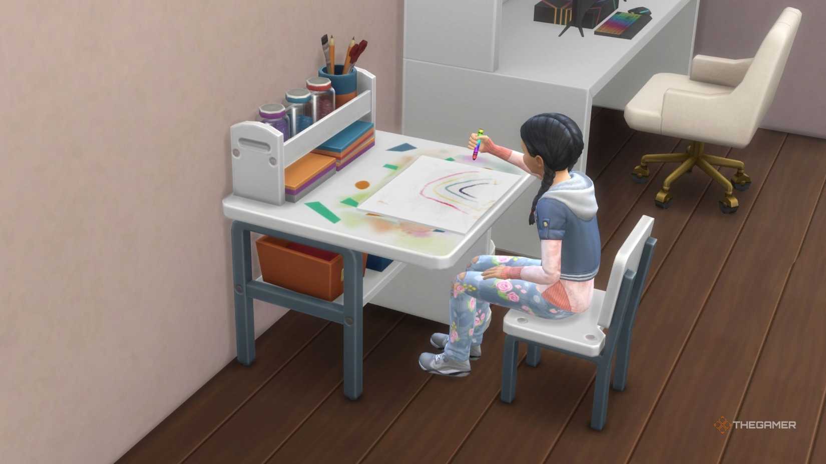 A child Sim drawing  up a plan.