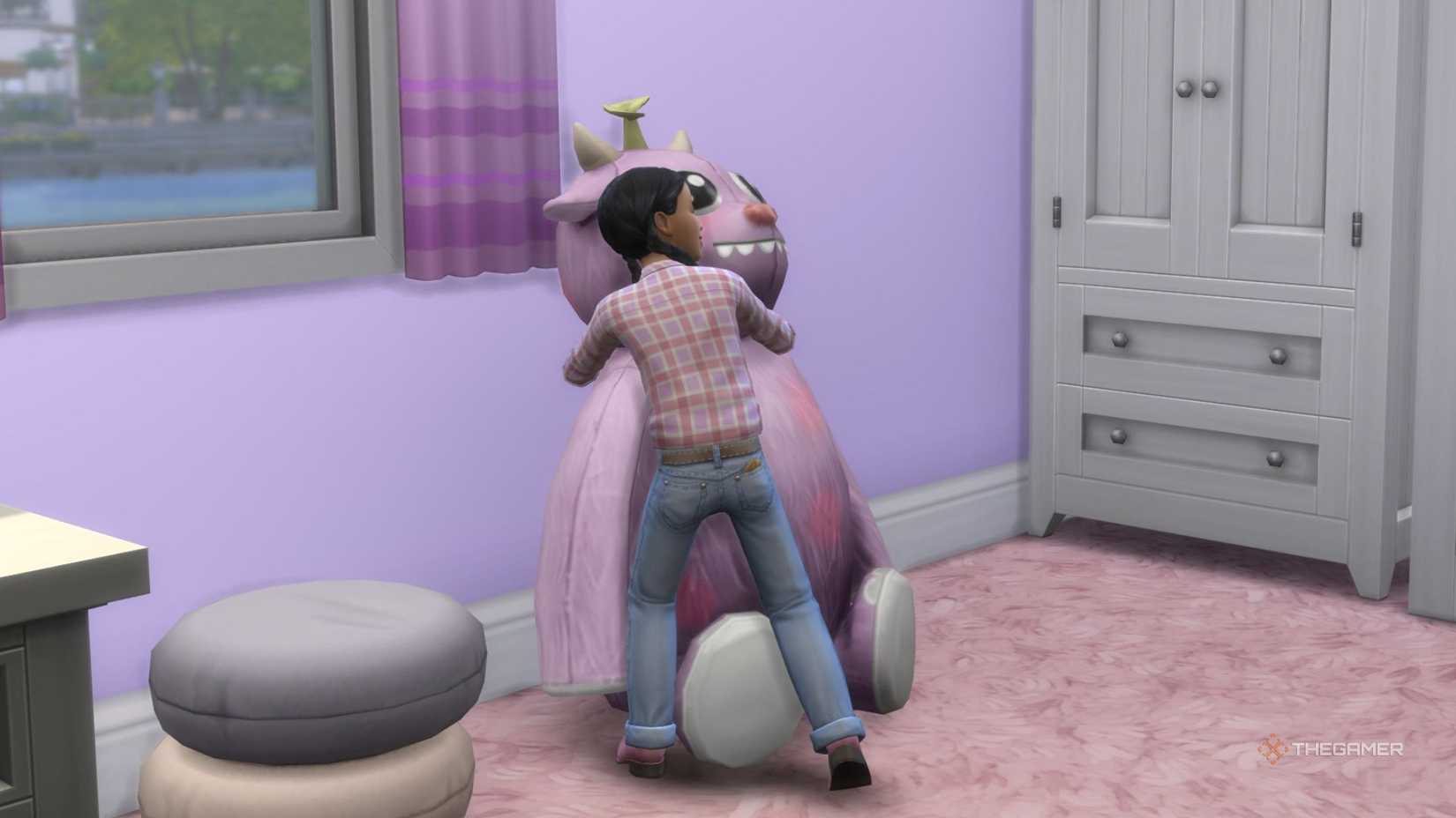 A child Sim hugging the new stuffed toy from forever friends quest chain.