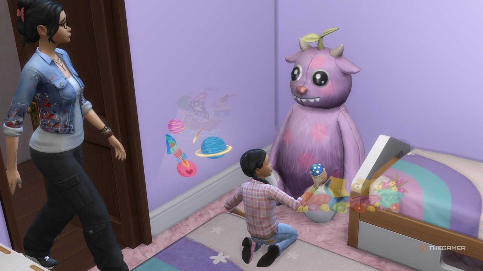 A child Sim playing with  her stuffed toy as her mum walks in.