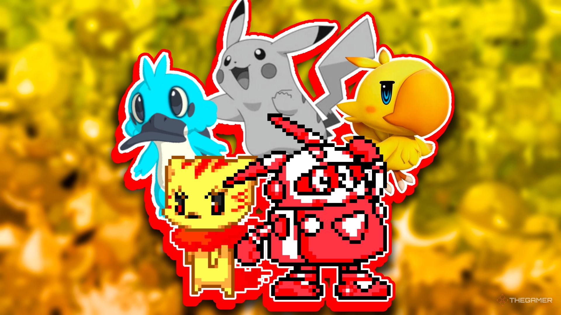 A Grey scale Pikachu alongside various monsters including a Chocobo from World of Final Fantasy and Sunny from Robopon.
