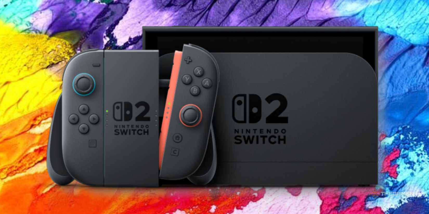A Nintendo Switch 2 in front of a rainbow splash background.