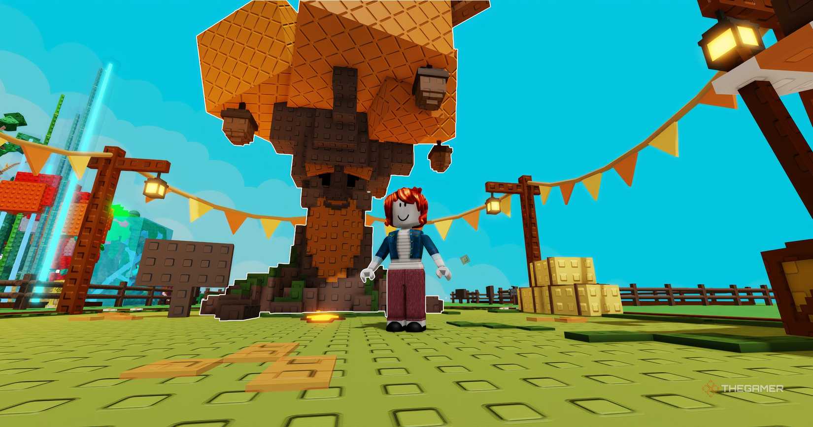 A player beside the Harvest Spirit tree in Roblox Grow a Garden.